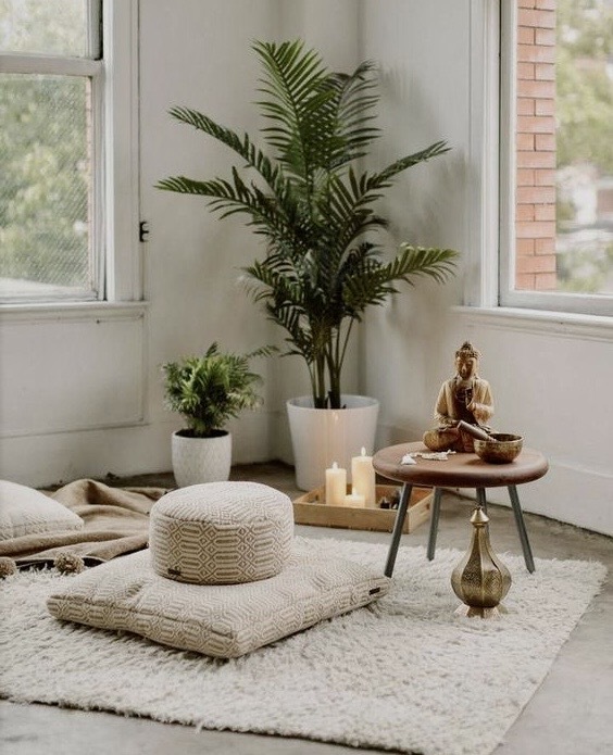 home - feng shui elements - plant in the background - candles - cushions - living room