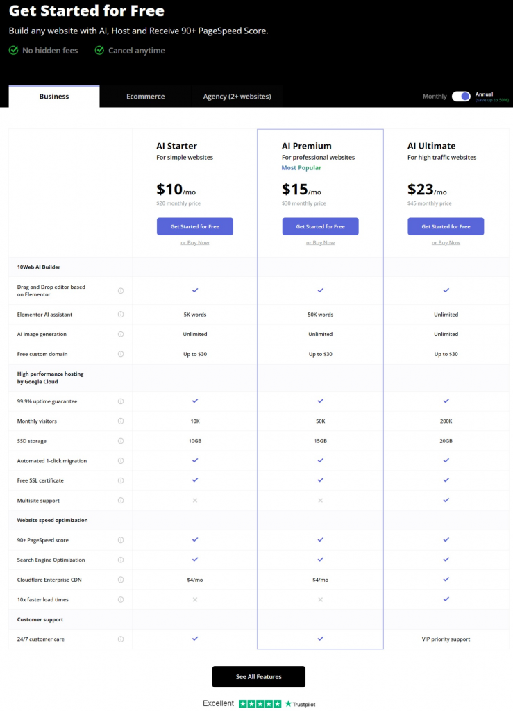 Pricing and plans 10web screenshot