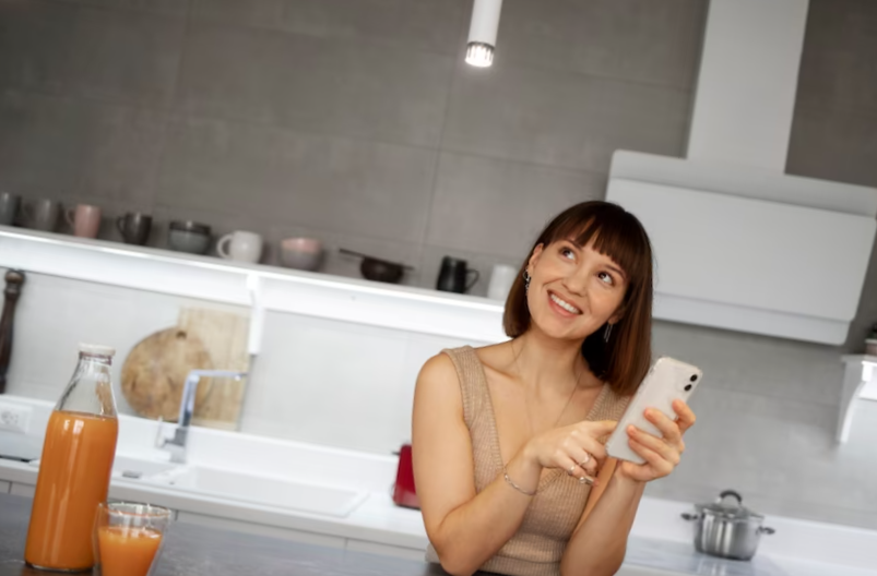 Young woman using home technology