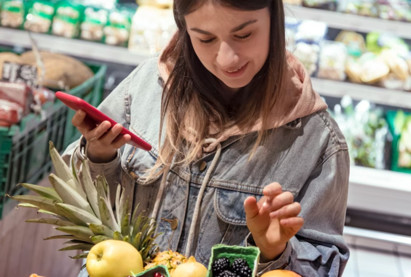 A young woman buys groceries in a supermarket with a phone in her hands.
