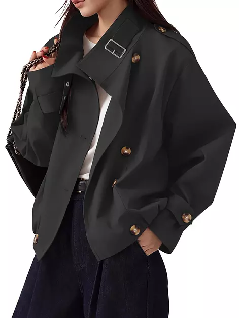 Bellcoco Womens Cropped Trench Coat Vintage Button Jacket with Pockets