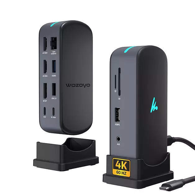 Type C 11 in 1 Wozoyo Docking Station, PD 100W, 2X4K@60Hz HDMI, 4K DisplayPort,2XUSB 5Gbps, 1 Gigabit Ethernet, SD/TF,AUX Port, Compatible Thunderbolt 4, macOS, Windows, Android & iOS