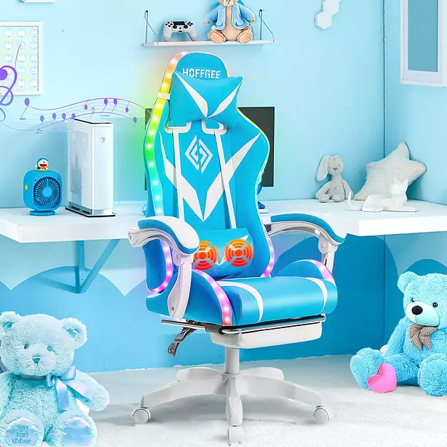 HOFFREE Gaming Chair Massage with Bluetooth Speakers and Led Lights Ergonomic Computer Gamer Chair with Footrest Cute Video Game Chair Light Blue and White