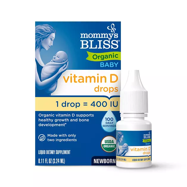 Mommy's Bliss Organic Baby Vitamin D Drops, No Artificial Color, 0.11 Fl Oz | Vitamin D3 that promotes healthy growth and bone development in newborns and up; 100 servings per pack, Unflavored, 0.11 Fl Oz (Pack of 1)