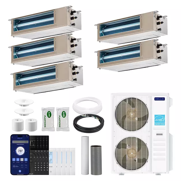 DELLA 48K BTU 5 Zone (3x9K+2x12K BTU) Ducted Mini Split AC, 20 SEER2