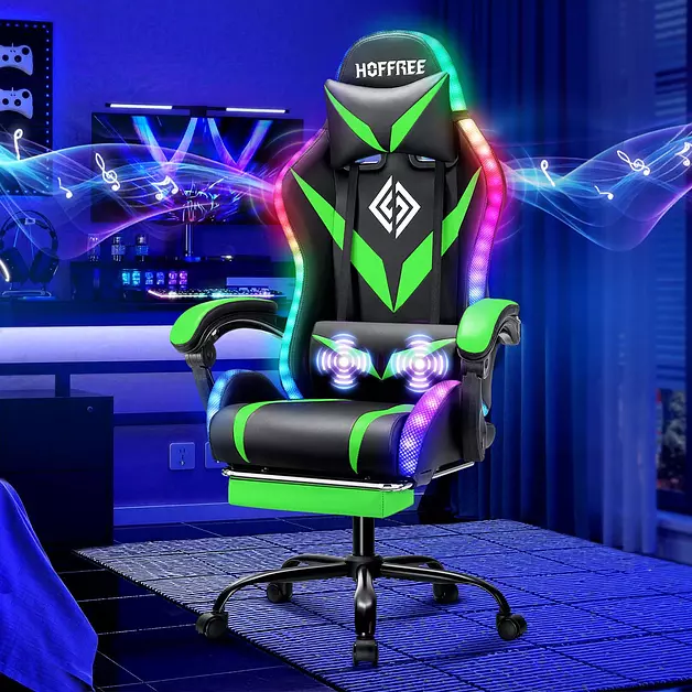 HOFFREE LED Gaming Chair with Speakers RGB Lights Computer Chairs-Green