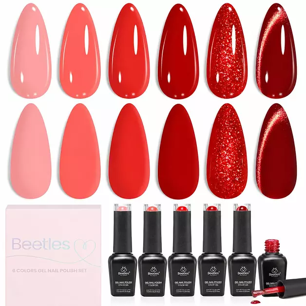 Beetles Red Gel Nail Polish Set, Neon Flame Summer Shimmer Gel Polish, 6 Colors Coral Pink Cherry Red Burgundy Iridescent Gel Nail, Soak Off Uv DIY Manicure Set Gift for Women