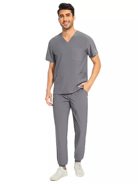 Men Scrubs Set - Stretch V-Neck Top & Jogger Pant, Rock Grey, 4XL, Petite