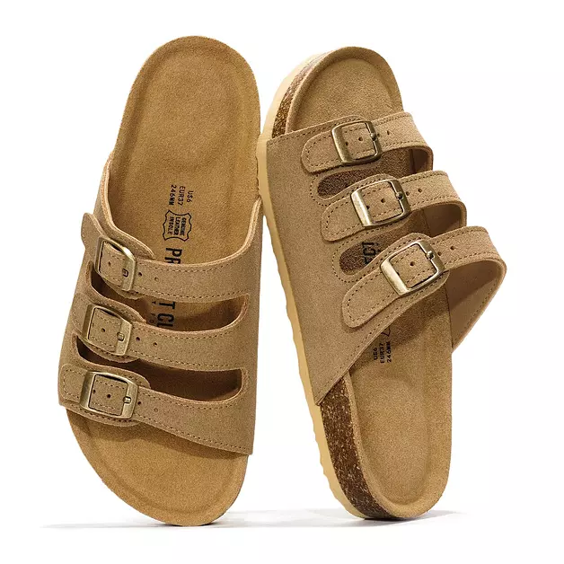 Project Cloud Genuine Leather Summer Sandals for Women 2025 - Memory Foam & Cork Footbed Beach Vacation Essentials Womens Sandals Comfortable Lightweight Slides for Women Footwear(Capri,BEIGESUE,7.5)