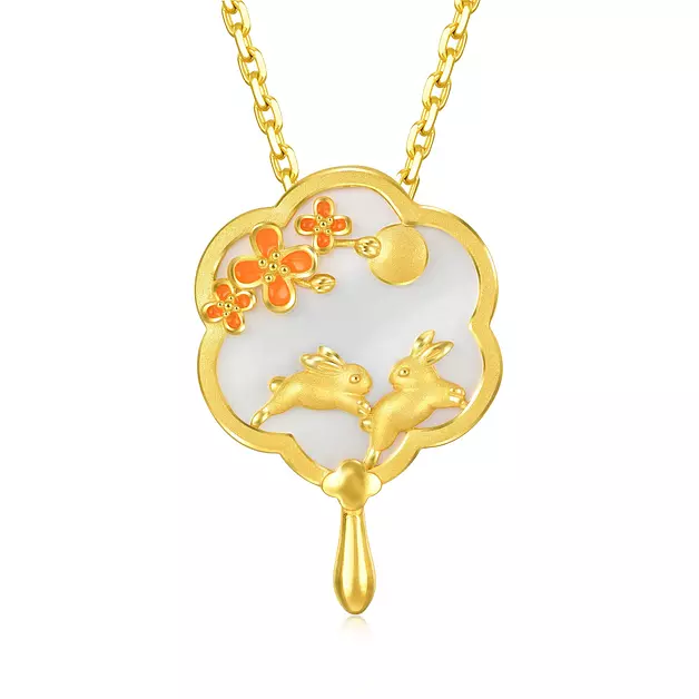 CHOW SANG SANG Cultural Blessings Daily Bliss 999.9 24K Gold Mother of Pearl Jade Rabbit Pendant 92655P [Not Include the-Necklace]