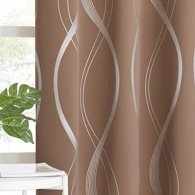 NICETOWN Blackout Short Curtains Panels for Bedroom, Microfiber Noise Reducing Thermal Insulated Wave Line Foil Print Design Blackout Curtains for Office, Classroom (Cappuccino, 2 Panels, 52" x 54")