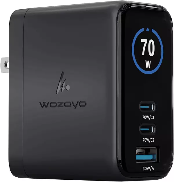 70W Smart LED Wozoyo GaN Charger, 2XType-C & USB-A Superfast 2.0 Charging, Compatible For iPhone 17/16/16 Pro Max/15 Series/iPad Pro, Smartphones, Tablets And More, PD/PPS/QC 3.0,Compact Foldable Plug