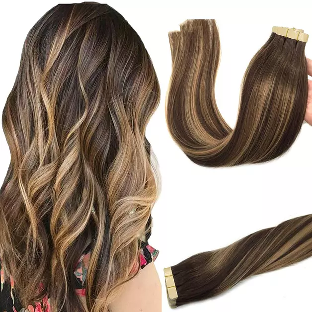 GOO GOO Tape in Hair Extensions Human Hair, 4/27/4 Balayage Chocolate Brown to Caramel Blonde, 24inch 50g 20pcs, Skin Weft Seamless Invisible, Silky Straight with Thick Ends, Remy Human Hair