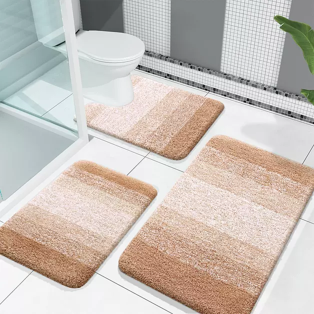 OLANLY Microfiber Bathroom Rugs Sets 3 Piece, Absorbent Bath Mats, Beige