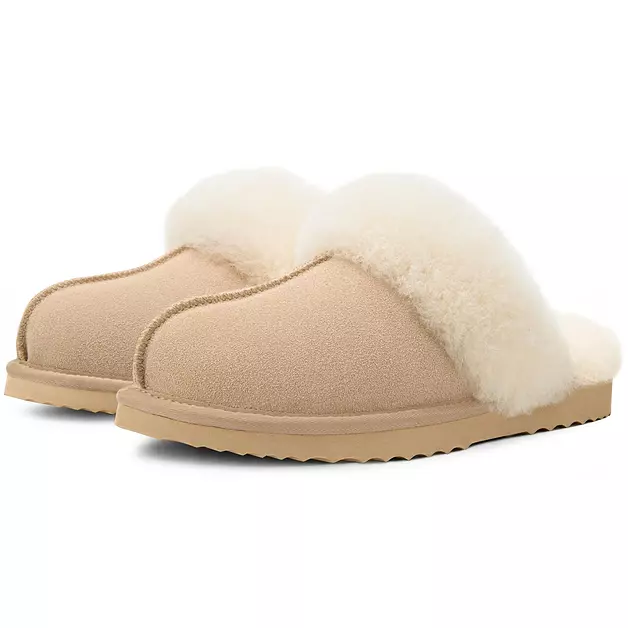 EverFoams Women's Genuine Leather Wool House Slippers Beige,9-10 US