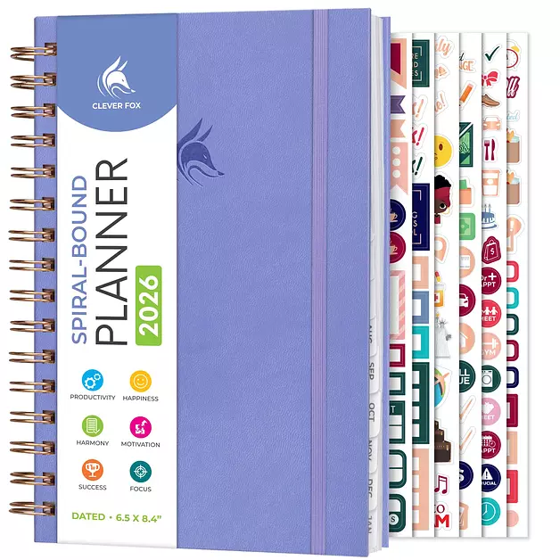 Clever Fox Dated Planner with Tabs 2026 – Weekly & Monthly Spiral Planner with Habit Tracker for Goal Setting & Time Management (Lavender)