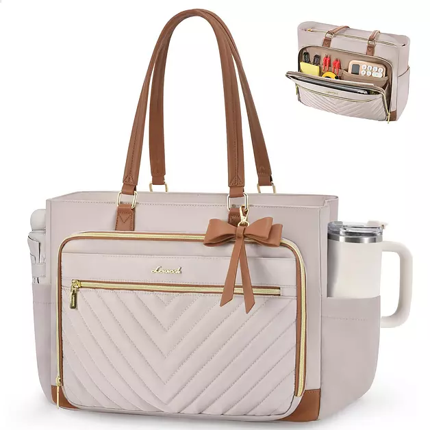 LOVEVOOK Laptop Teacher Tote Bag for Women, Work Nurse Bag with Large Cup Holder, Quilted Diaper Bag for Travel, Computer Women's handbags for Teacher gift, Apricot-brown, 15.6 Inch