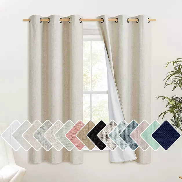 NICETOWN Natural Thick Linen Blend 100% Blackout Curtains with White Liners, Rustic Grommet Thermal Insulated Flax Textured Full Blackout Window Draperies for Bedroom (2 Panels, 42" W by 63" L)