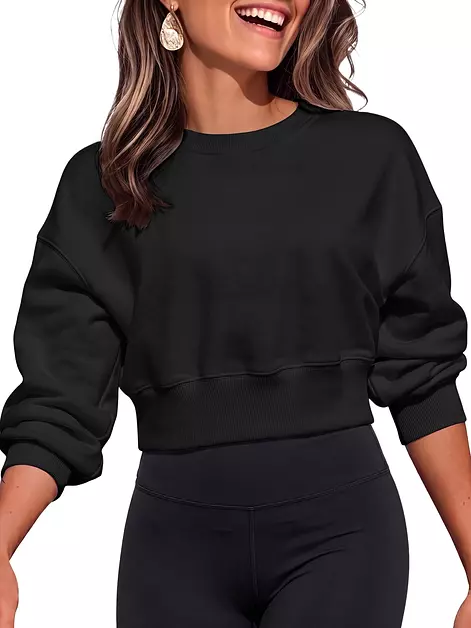 Bellcoco Women's Fleece Lined Cropped Sweatshirt Oversized Crewneck Black