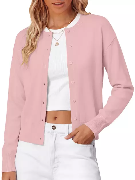 Women's Cropped Cardigan Sweater 2026 Wool Blend Lightweight Knit Pink