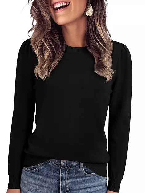 Bellcoco Women's Crew Neck Sweater Long Sleeve Lightweight Knit Pullover