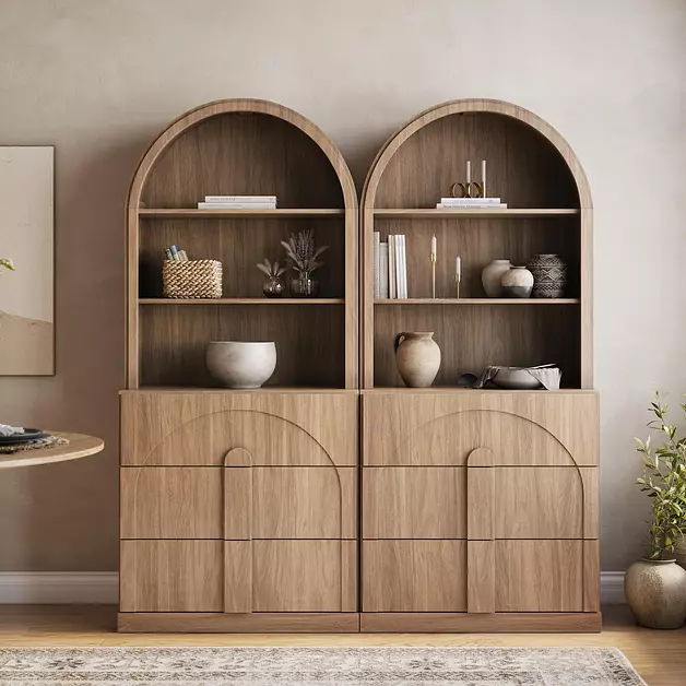 BELLEZE Set of 2 71" Tall Storage Cabinet with 3 Drawers, Wooden Sideboard Buffet Cabinet with Hutch for Pantry and Kitchen Organizing, 5-Tier Modern Storage Unit for Living Room Home Office, Camel