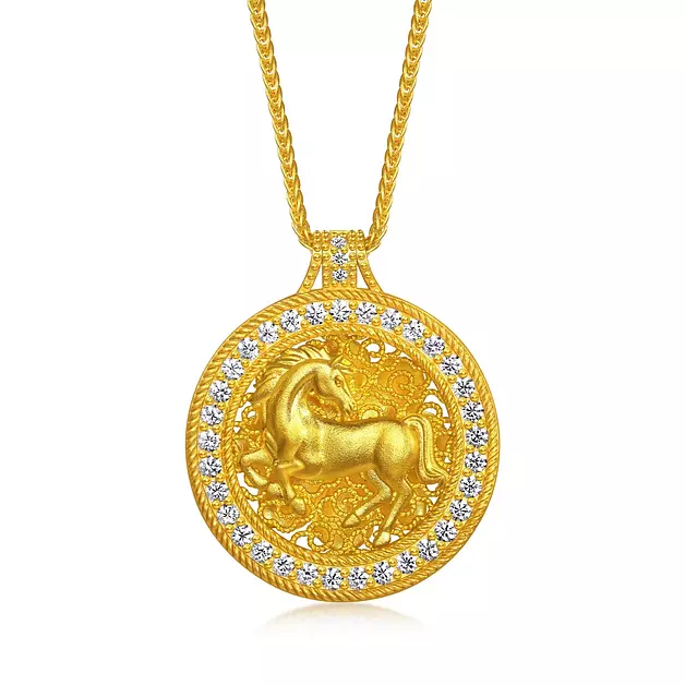 CHOW SANG SANG 999.9 24K Pure Gold Cultural Blessings Diamond Steed Atop Hollow Clouds Necklace for Women 47cm 96137N