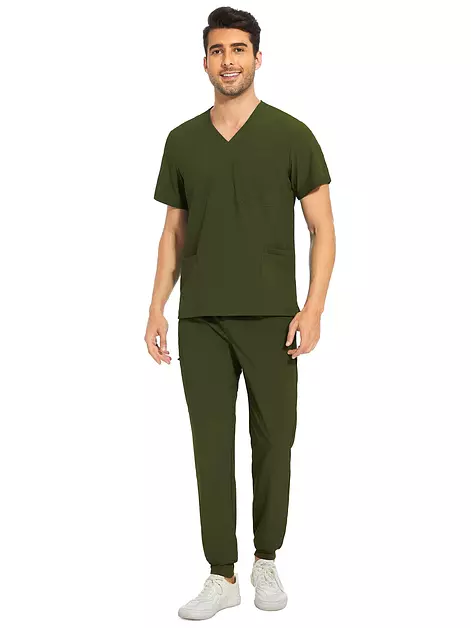 Men Scrubs Set - Stretch V-Neck Top & Jogger Pant, Olive Green, 2XL, Petite