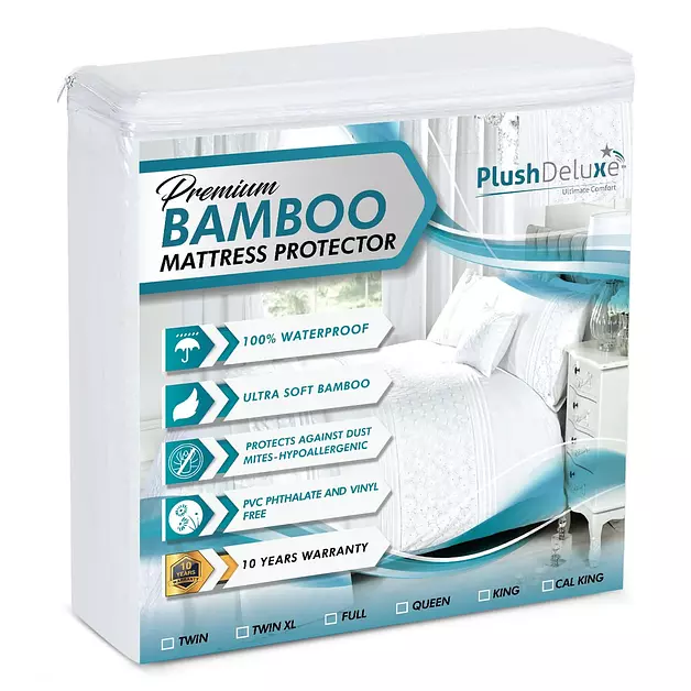 PlushDeluxe Premium Viscose Mattress Protector – Cal-King Size, Waterproof, & Ultra Soft Breathable Noiseless Washable Bed Mattress Cover for Comfort & Protection 72X84 Inches