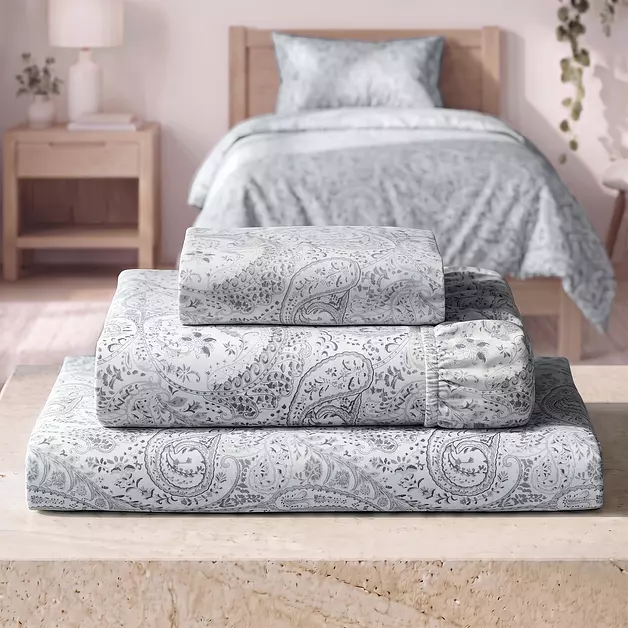 Mellanni Iconic 3-Piece Bed Sheet Set, 21" Extra Deep (Twin, Paisley Gray)