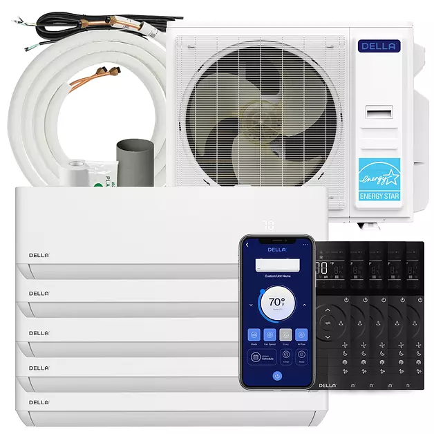 Della 42K BTU ODU 24 SEER2 208-230V Multi Zone Air Conditioner 5 Zone (2x9K 3x12K) Mini Split Cools Up to 2450 Sq.Ft, Compatible with Alexa, Wifi Energy Efficient Pre-Charged Heat Pump Full Set