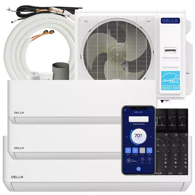 Della 42K BTU ODU 24 SEER2 208-230V 3 Zone 2x12K 24K BTU Cools Up to 2600 Sq.Ft, Compatible with Alexa, Wifi Energy Efficient Multi Zone Mini Split Air Conditioner Pre-Charged Heat Pump Full Set