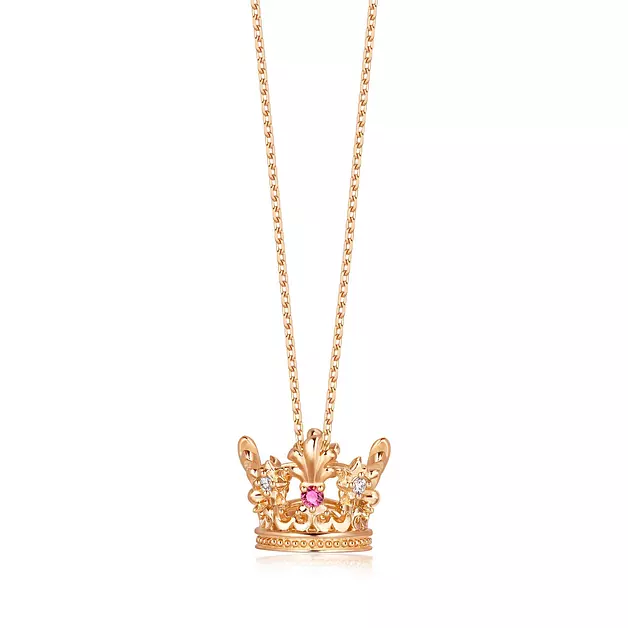 CHOW SANG SANG 18K Rose Gold V&A 0.01 Carat (G-H Color, SI Clarity) Diamond Ruby Crown Necklace for Women 91267N | 18.5", (47 CM)