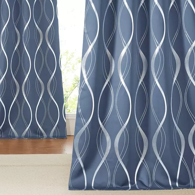 NICETOWN Stone Blue Blackout Curtains 90" Length 2 Panels Set for Living Room and Bedroom, 52" Wide, Foil Printed Wave Lines Energy Saving Thermal Insulated Draperies for Patio Hall Studio