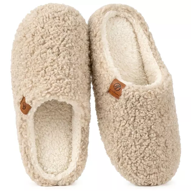 EverFoams Women’s Fuzzy Slippers Slip-On Memory Foam Khaki,9-10 US