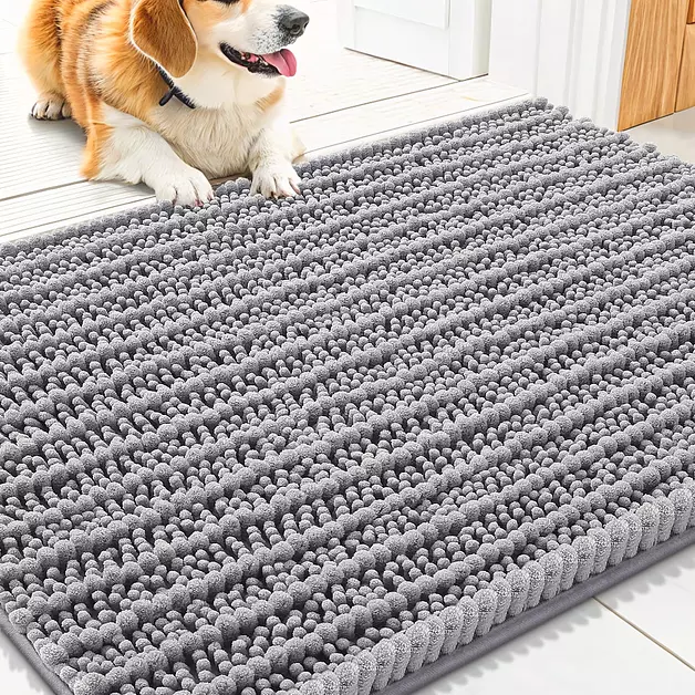 Smiry Dog Door Mat for Muddy Paws 32x21, Absorbent Dirt Trapper, Non-Slip Washable Chenille Entryway Rug for Inside Floor, Grey, Layered Pattern
