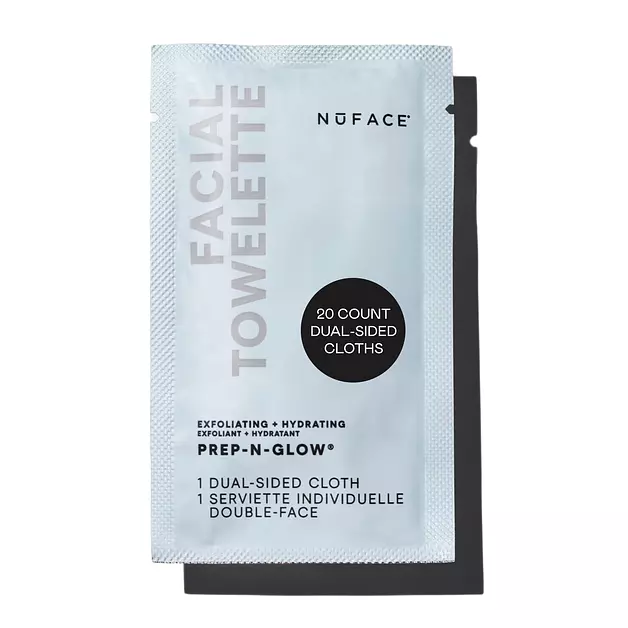 NuFACE Prep-N-Glow Facial Towelettes - 2-in-1 Exfoliating + Cleansing Makeup Remover Wipes, Hyaluronic Acid Travel Face Wipes to Hydrate & Brighten for Glowing Skin - 20 Individually Wrapped Cloths