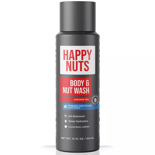 HAPPY NUTS Morning Driftwood Body and Nut Wash - Moisturizing Men's Shower Gel, Bodywash with Deep Cleanse for Sensitive Skin - Men's Body Soap 14 Fl Oz