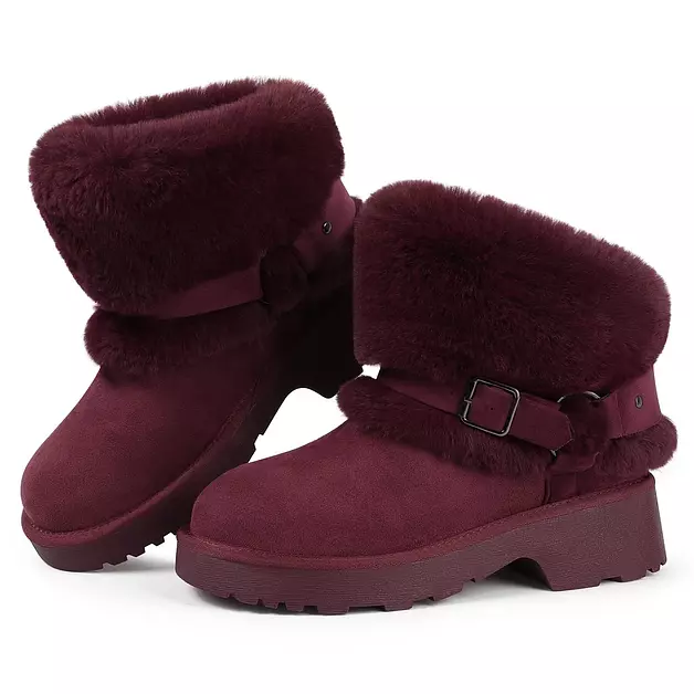 Furry Winter Burgundy Boots for Women Block Heels Platform Buckle Slip On