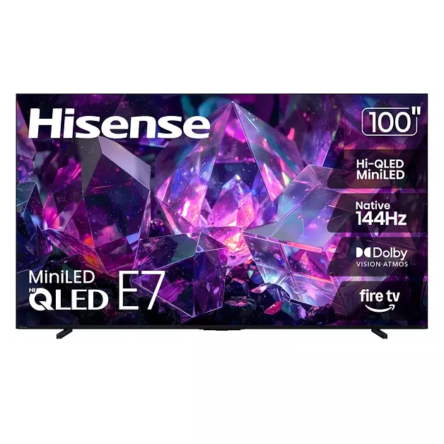 Hisense 100" E7 Cinema Series Hi-QLED Mini-LED 4K UHD Smart Fire TV (100E7SF, 2026 NEW) - Native 144Hz, AI Picture, Dolby Vision IQ · Atmos, FALD, HDR10+ Adaptive, MEMC, Alexa+, 100 Inch, TV Only