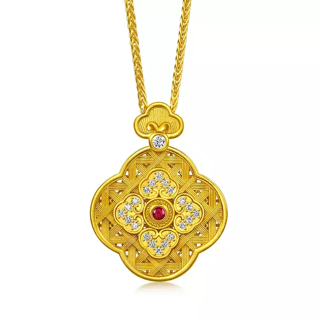 CHOW SANG SANG 999 Gold Cultural Blessings Ruby and Diamond Sihe Ruyi Necklace for Women 47cm 96585N