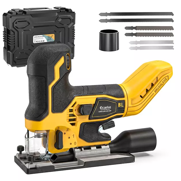 Ecarke Cordless Jig Saw Compatible With Dewalt 20V, Brushless Motor 3800RPM, 7 Speeds Dial Control, Free-Tool ±45° Bevel Cuts, 4 Orbital Action, Dust Blows and 6 Blades For Cutting, Tool Only