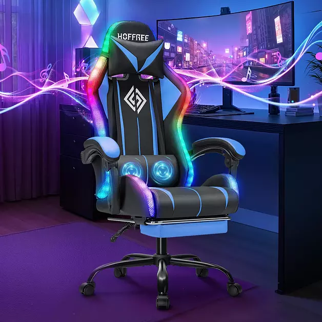 HOFFREE Pink Gaming Chair with Speakers Massage RGB LED Lights Game Chair