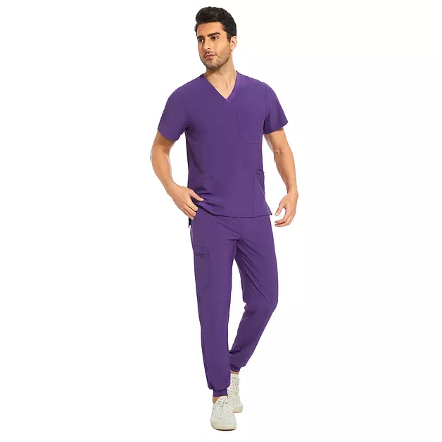Men Scrubs Set - Stretch V-Neck Top & Jogger Pant, Purple, XL, Petite