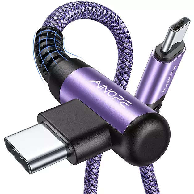 AINOPE USB C Cable 60W 2-Pack 6.6ft Nylon Braided USB C to USB C Cable Type C Charger Fast Charging Right Angle USBC Cable Charger Cord for iPhone 16 Pro Max 15 Plus Samsung S24 S23 iPad Pro Purple