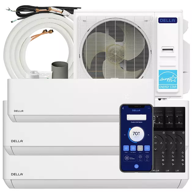 Della 36K BTU ODU 3 Zone (9K 2x18K BTU) Cools Up to 2400 Sq.Ft, 24 SEER2 208-230V Multi Zone, Works with Alexa and Wifi, Energy Efficient Mini Split Air Conditioner Pre-Charged Heat Pump Full Set