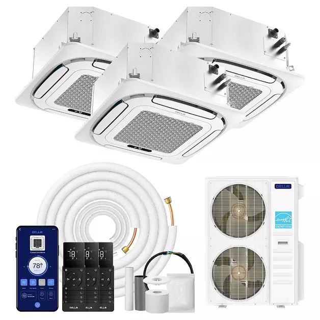 DELLA 48K BTU 3-Zone (9K+2x24K) Ceiling Cassette Mini Split AC, 24 SEER2