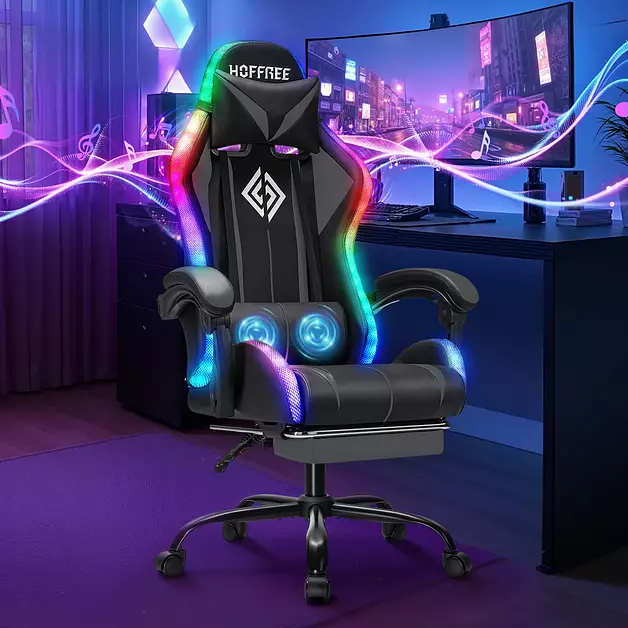 HOFFREE RGB Gaming Chair with Speakers Massage LED Lights Game Chair-Grey