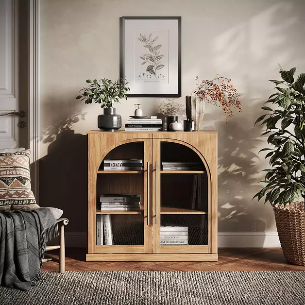 BELLEZE 3 Tier Bookshelf with Arched Glass Door, Modern Display Bookcase Shelf with Storage and Adjustable Shelves, Wood Bookshelves for Living Room Office Entryway (Camel)