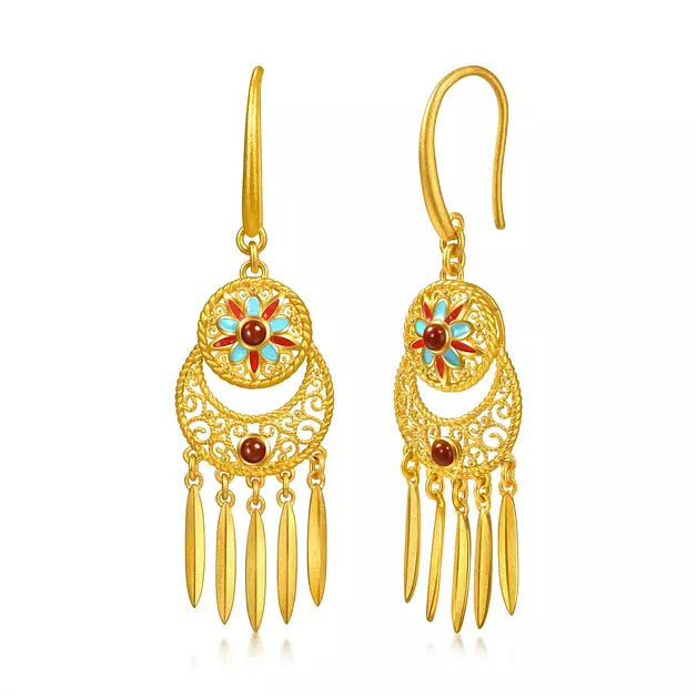 CHOW SANG SANG 999.9 24K Gold Cultural Blessings Boho Tassel Drop Earrings for Women 95632E